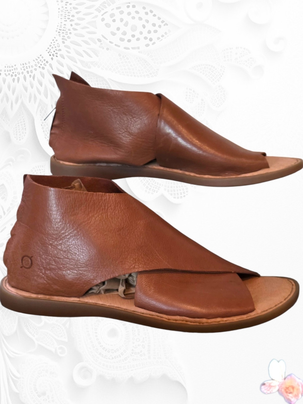Born COGNAC Brown Leather Open-Toe Sandal 7 Zip Up Heel CCK19